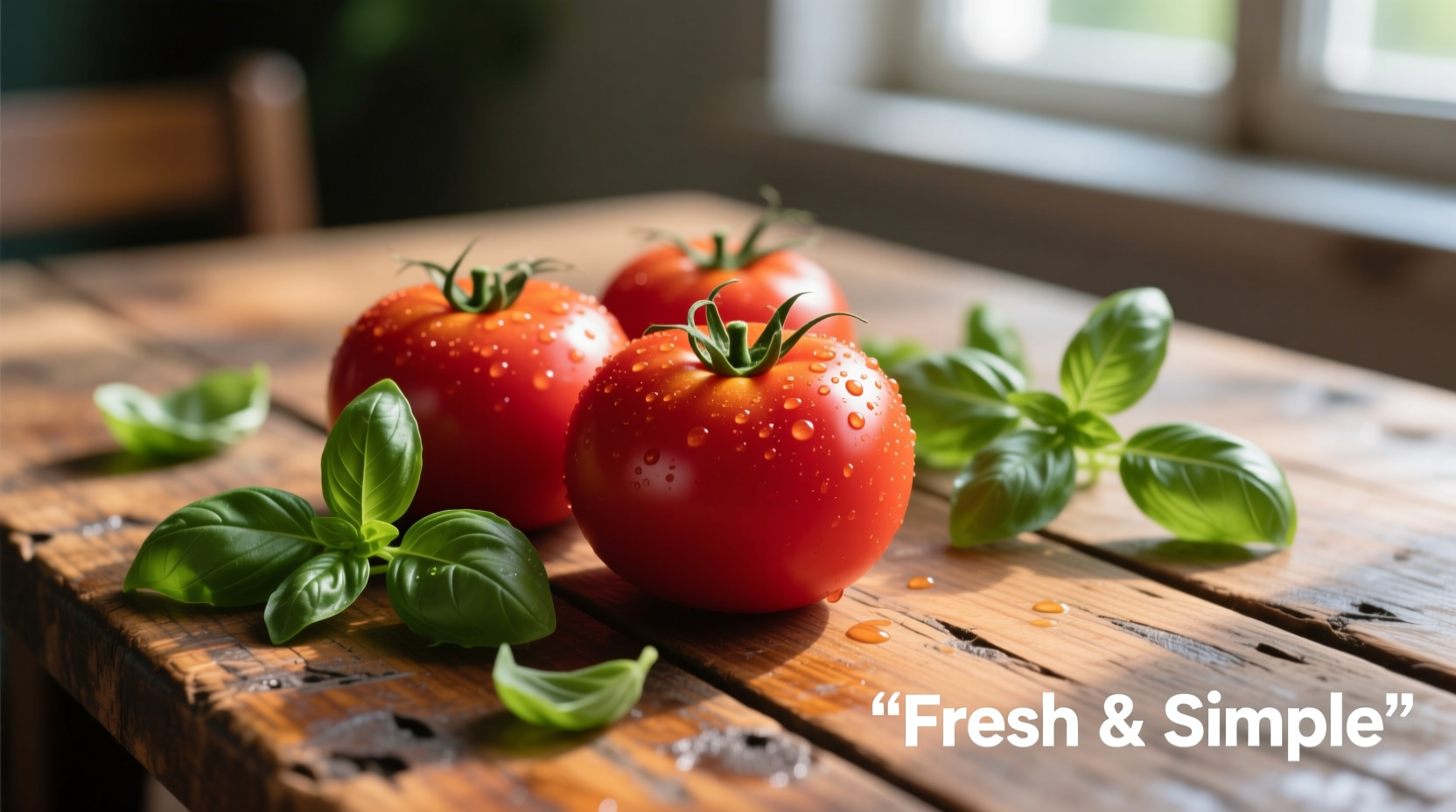 Fresh tomatoes with basil on wooden table