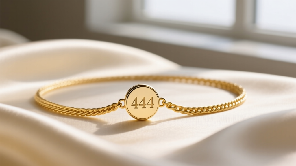 Macro shot of a 14k yellow gold cable chain with a small circular pendant engraved with 444, resting on cream silk fabric.