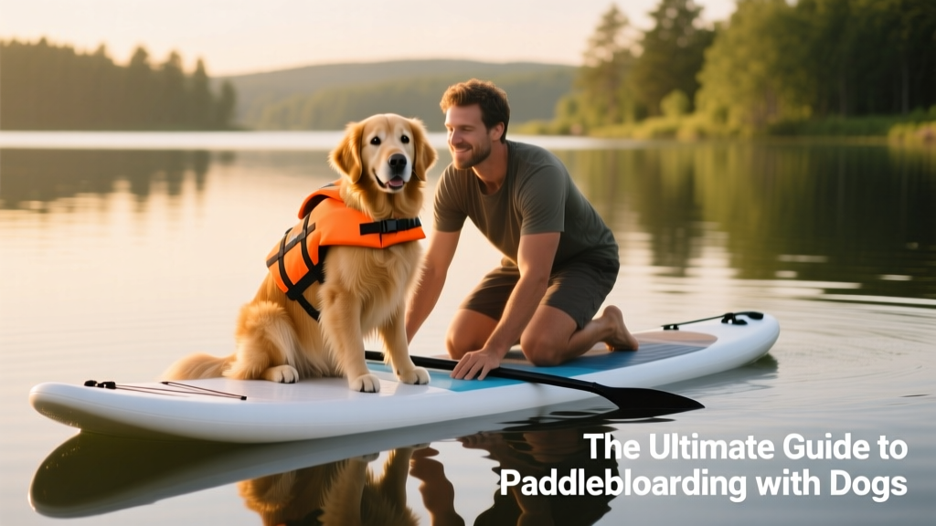 A golden retriever wearing a bright orange life jacket, sitting attentively on a paddle board while their owner kneels beside them in calm water