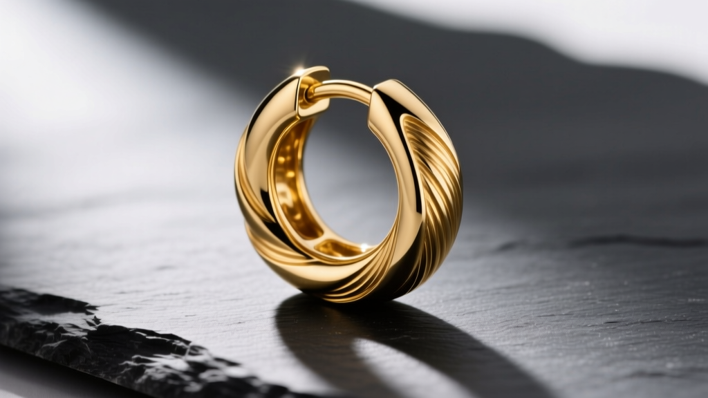 Close-up of a chunky 14k gold huggie hoop with internal threading resting on dark slate with dramatic side lighting.