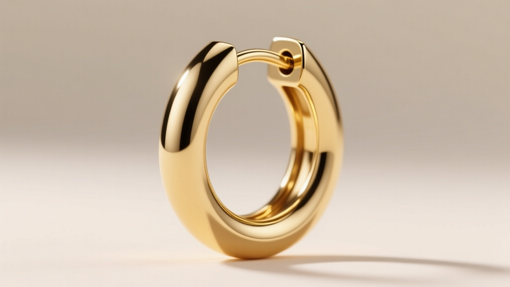Macro photography of a thick 8mm gold vermeil tube hoop earring, highlighting the seamless hinge mechanism and polished finish.