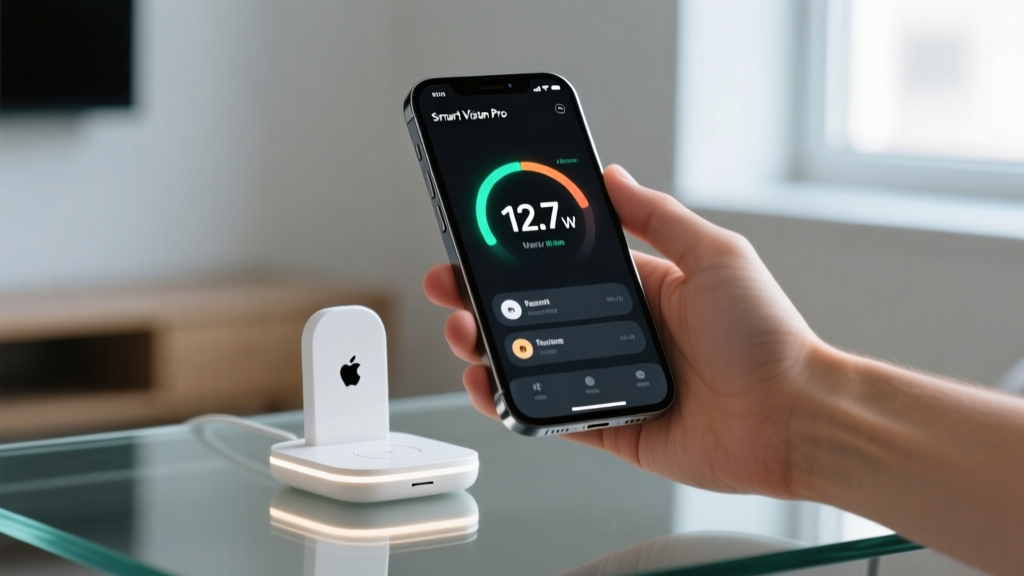 Close-up of a smartphone displaying a smart home app showing real-time wattage draw of an Apple Vision Pro charging dock