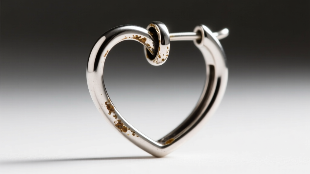 Close-up of a James Avery heart hoop earring hinge, showing slight tarnish buildup in the crevices of the soldered barrel joint.