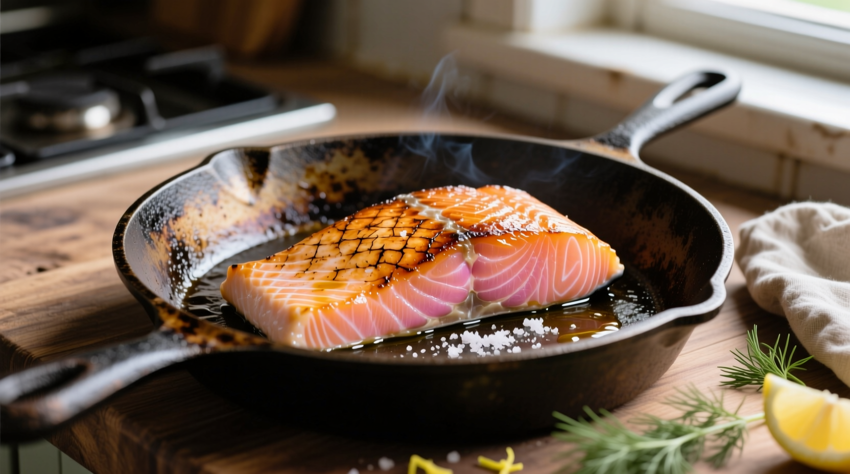 Perfectly seared salmon with crispy skin on cast iron skillet