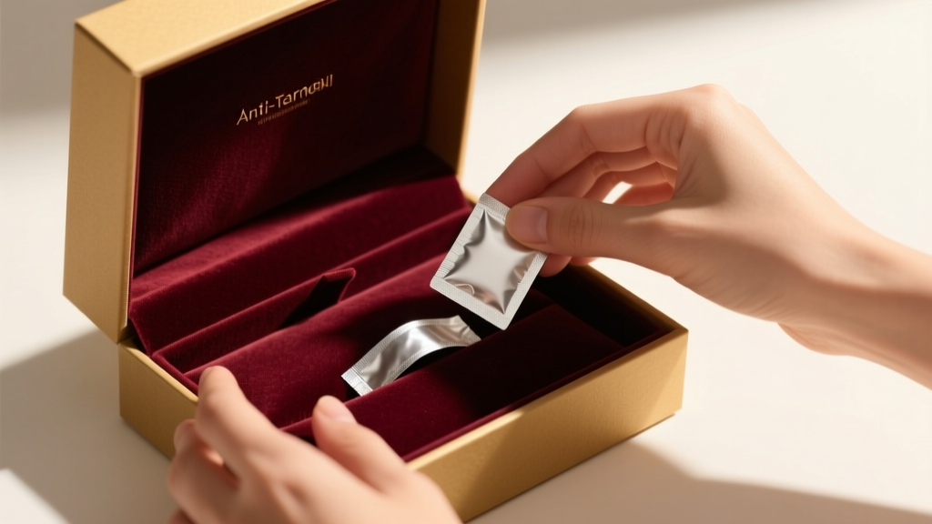 Close-up of hands placing an anti-tarnish strip and silica gel packet inside a velvet-lined cardboard jewelry gift box