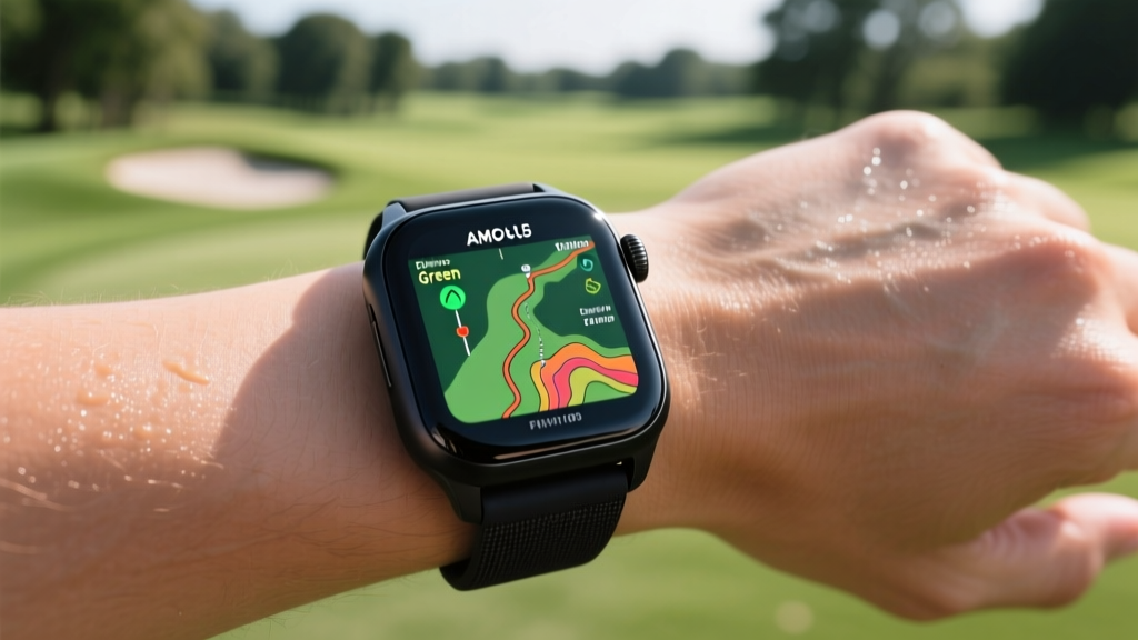 Close-up of a modern golf GPS smartwatch on a player