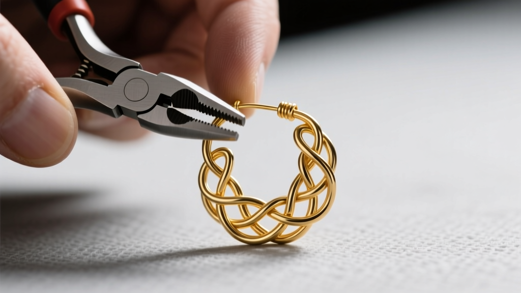Jeweler using nylon-jaw pliers to shape 18-gauge gold wire into a complex Celtic knot hoop earring under bright bench lighting