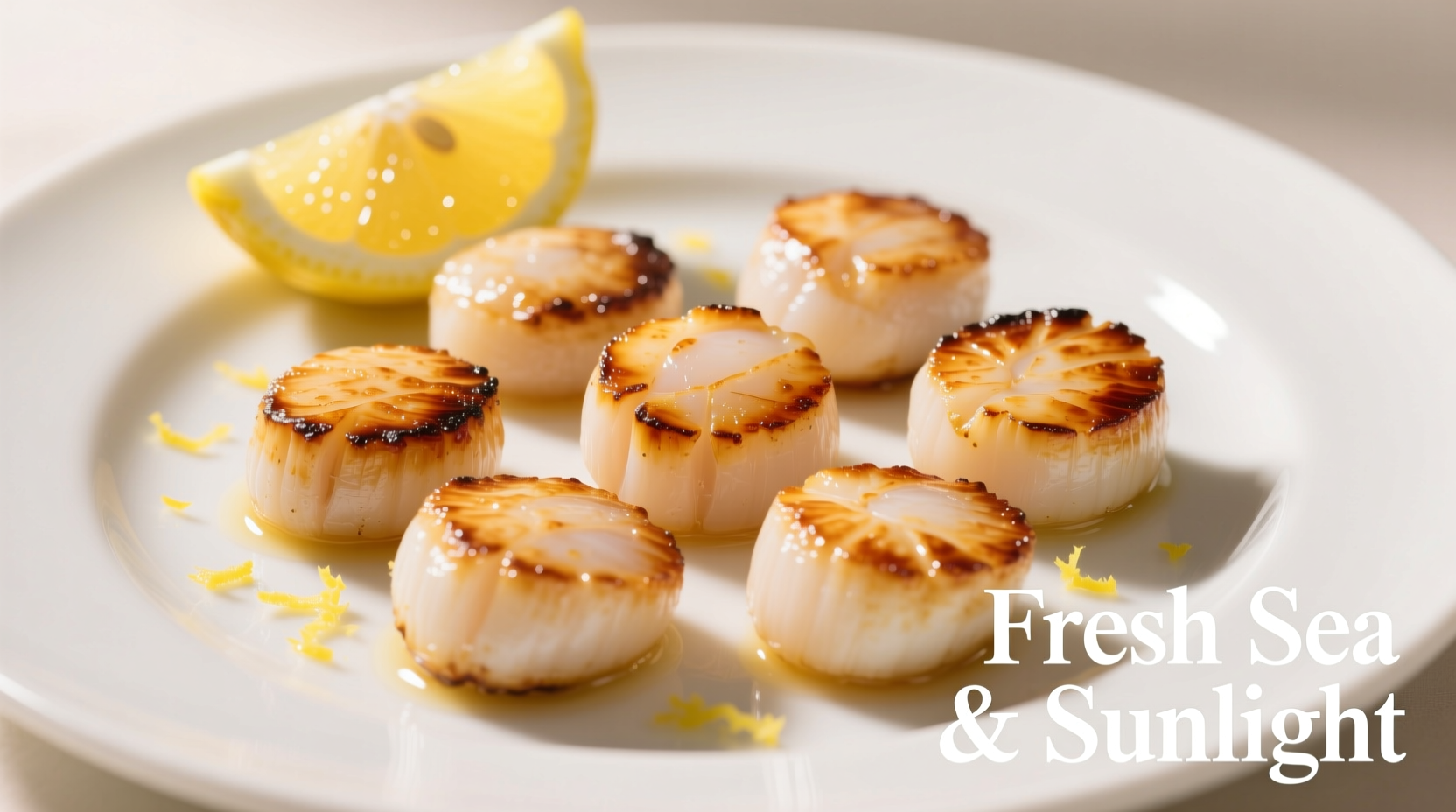 Perfectly seared scallops on white plate with lemon