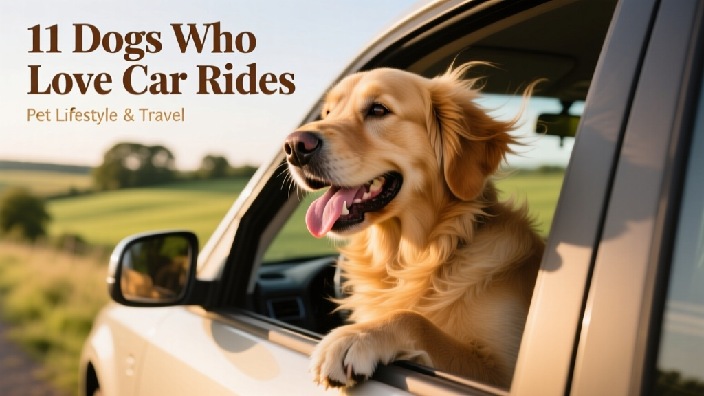 A joyful golden retriever with tongue out, leaning out a car window with wind blowing through its fur