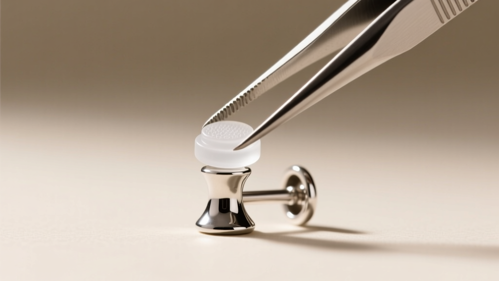 Close-up of tweezers placing a clear silicone friction pad onto a silver earring post to prevent butterfly backing slippage.