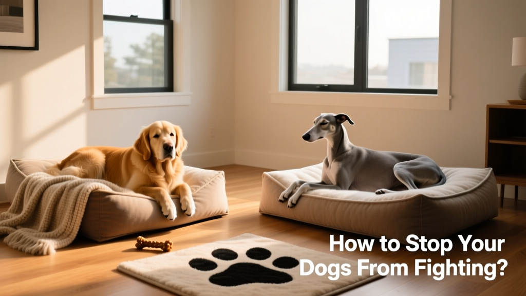 Two dogs calmly resting in separate areas of a living room, each on their own bed, with space between them