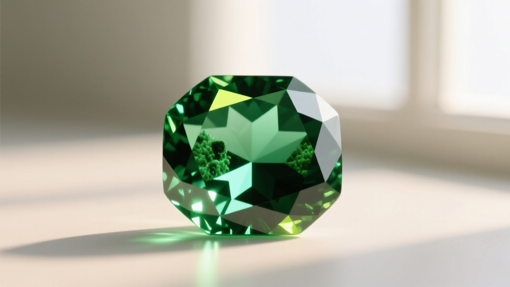 Macro view of an emerald's internal jardin inclusions and a tiny girdle chip, captured under professional gemological lighting