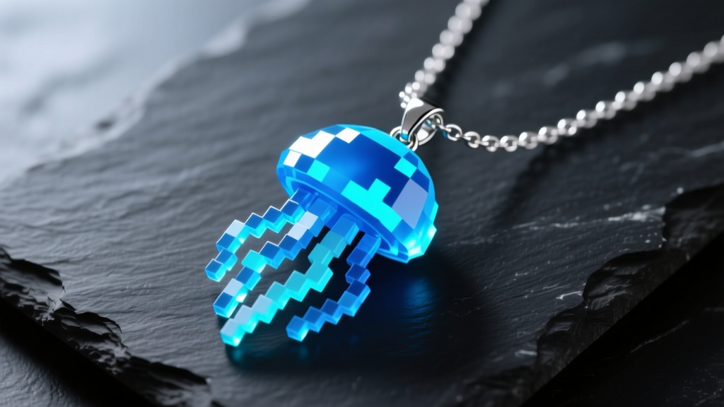 Glowing blue resin jellyfish pendant on a silver chain resting on dark slate, mimicking Terraria pixel art style.