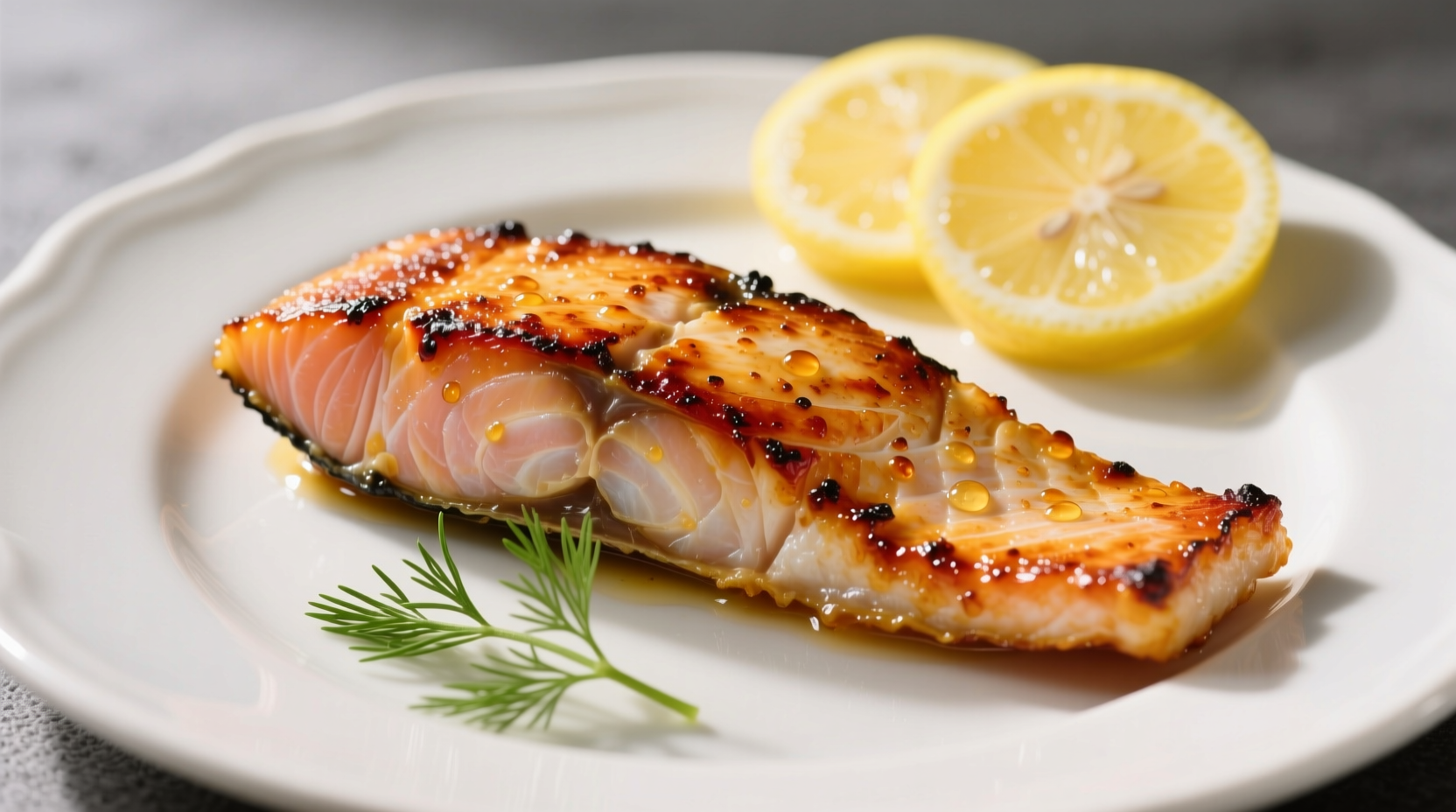 Perfectly seared red snapper fillet with lemon garnish