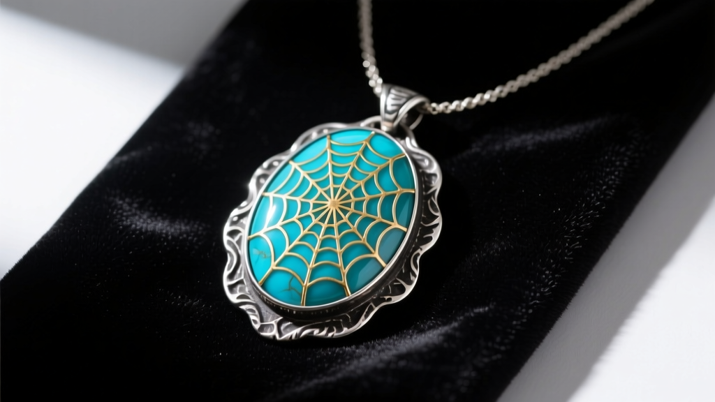 Large oval natural spiderweb turquoise cabochon set in heavy oxidized sterling silver bezel necklace resting on dark velvet.