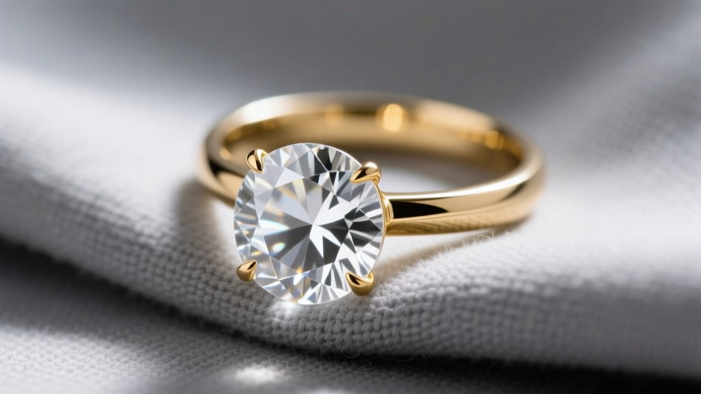 Macro shot of faceted clear quartz gemstone in 14k gold ring resting on gray microfiber cloth under bright natural light