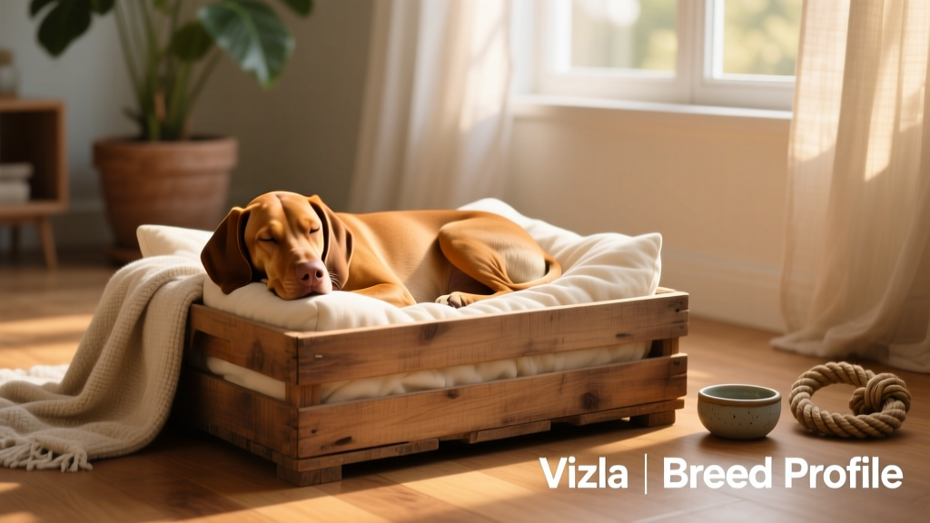A Vizsla resting calmly in a cozy, sunlit crate lined with soft bedding
