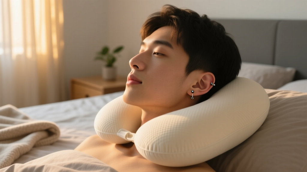 Person using a neck pillow to protect a right ear cartilage piercing from sleep pressure, lit by soft warm bedroom lighting