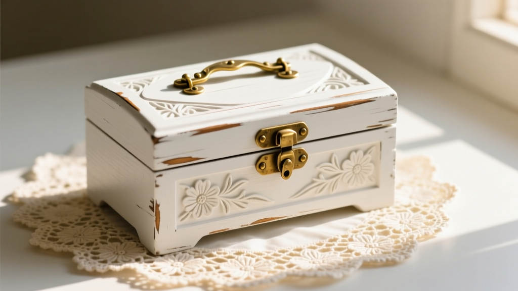 Restored vintage white painted wood jewelry box with brass hinges resting on a lace doily in bright, warm natural sunlight