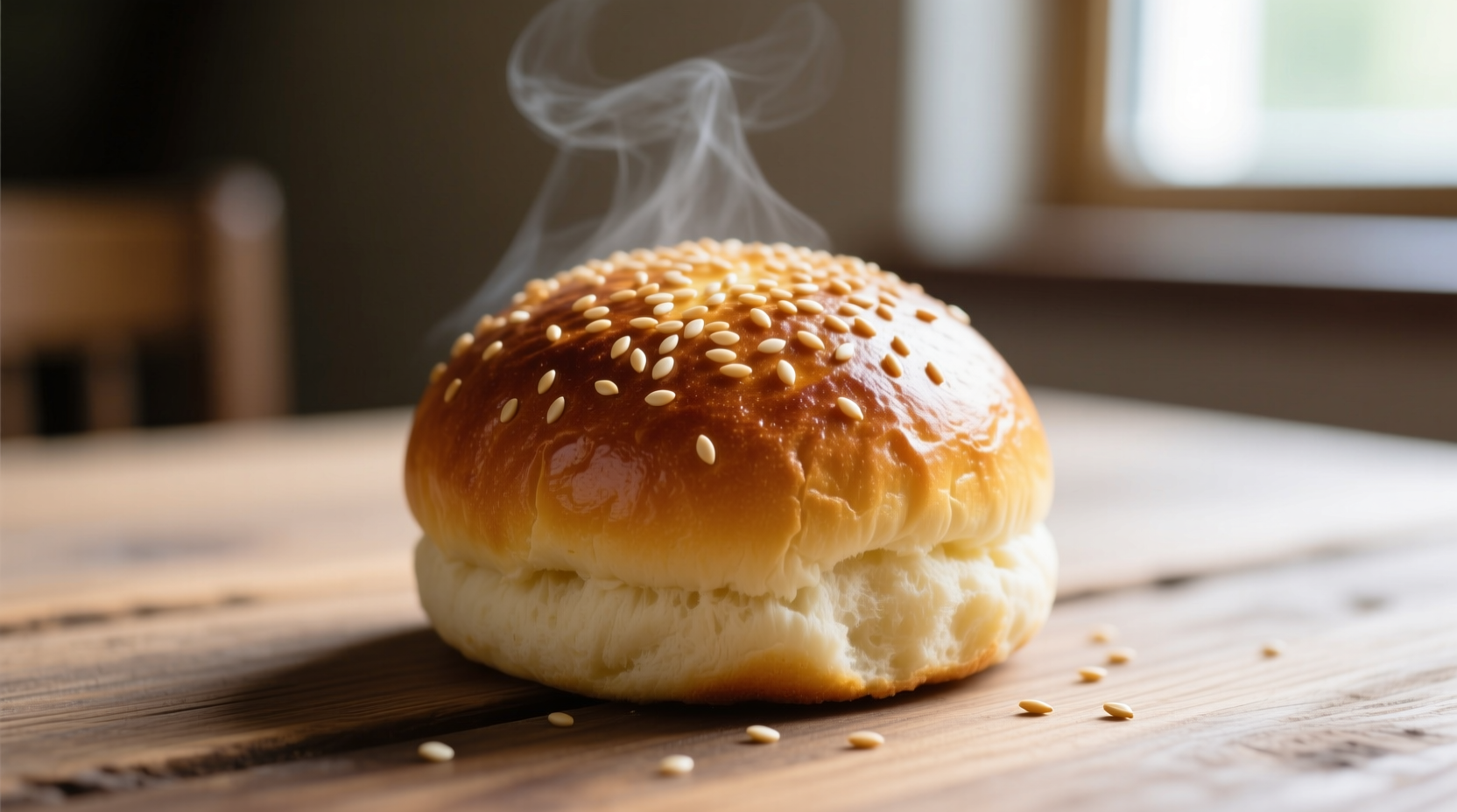 Golden brown potato bun with sesame seeds