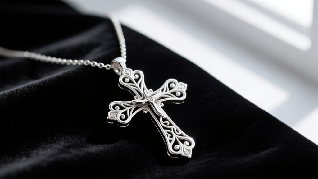 Close-up of an ornate sterling silver Juliette cross necklace with intricate filigree scrollwork resting on dark velvet fabric.