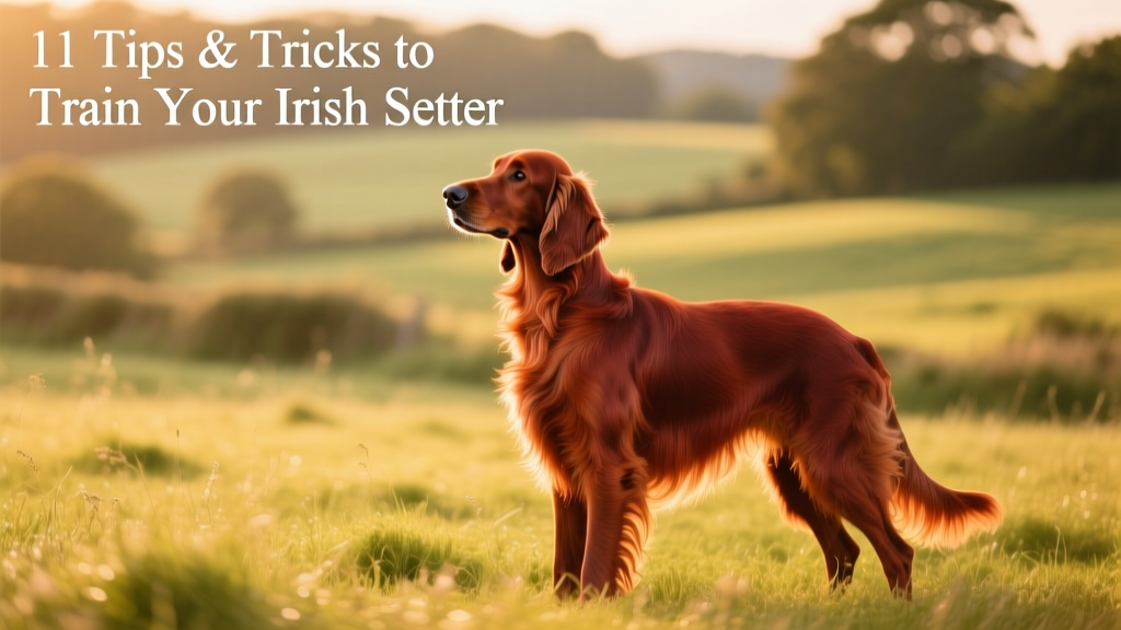 An Irish Setter standing alert in a grassy field, ears perked and nose lifted, showcasing its elegant posture and rich red coat