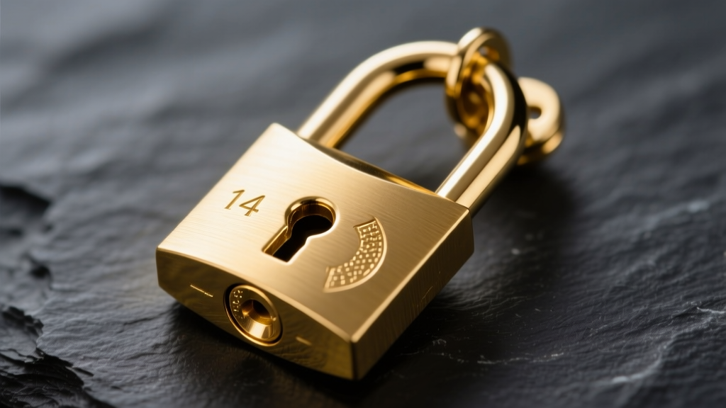 Macro shot of 14k gold padlock earring with functional shackle on dark slate, showing keyhole engraving and polished metal finish.