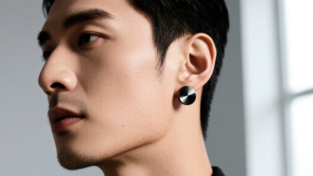 Close-up of a man wearing a matte black PVD titanium magnetic ear cuff, studio lighting, sharp focus on the earlobe and jawline