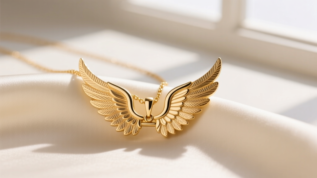 Close-up of a 14k gold necklace with angel wings pendant on silk, showing intricate feather detailing and a hidden bail in soft light.