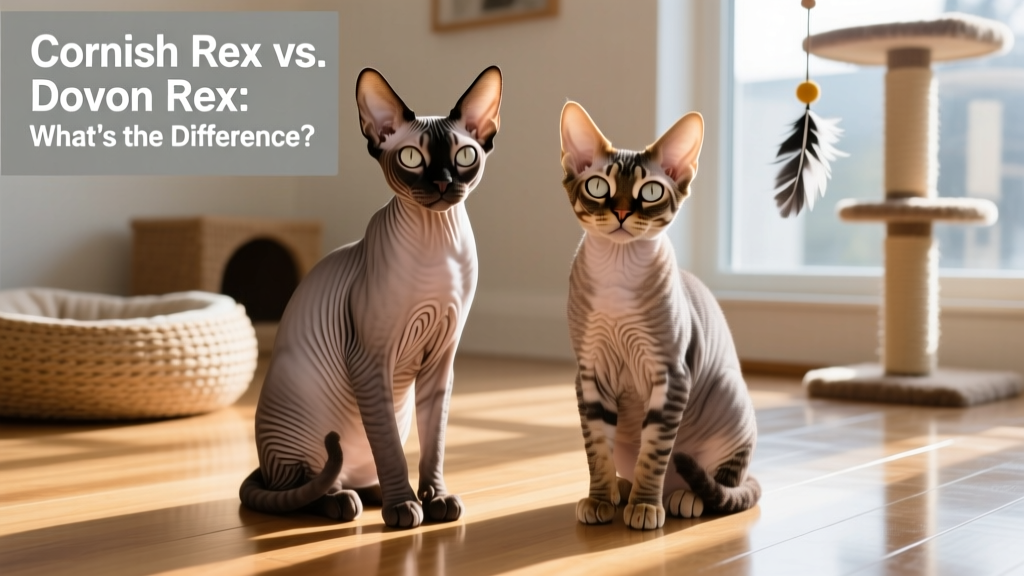 Side-by-side photo showing a Cornish Rex and Devon Rex sitting together, highlighting coat texture and facial structure differences