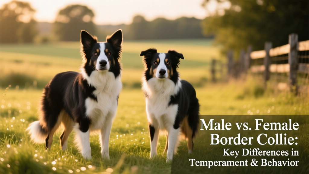 Side-by-side comparison of a male and female Border Collie standing calmly on grass