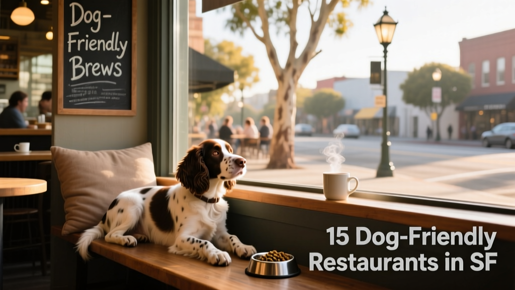A friendly spaniel resting comfortably on a cushioned bench beside a café window, looking out at a quiet San Francisco street