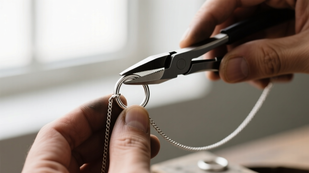 Close-up of jeweler hands using flat-nose pliers to twist open a 5mm sterling silver jump ring on a delicate cable chain.