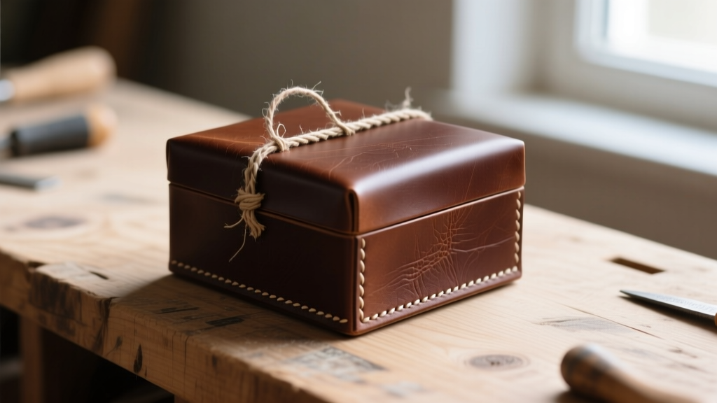 Close up of a hand-stitched leather jewelry box with a fraying waxed cotton seam on the corner, resting on a wooden workbench