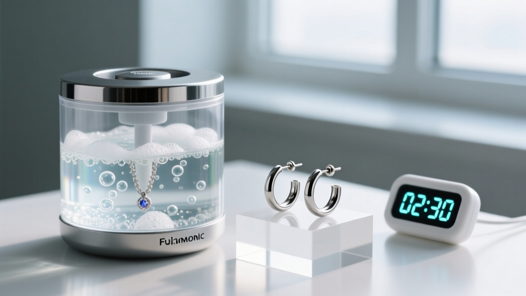 Ultrasonic jewelry cleaner filled with soapy water, holding 16-gauge stainless steel cartilage hoops beside a small digital timer.