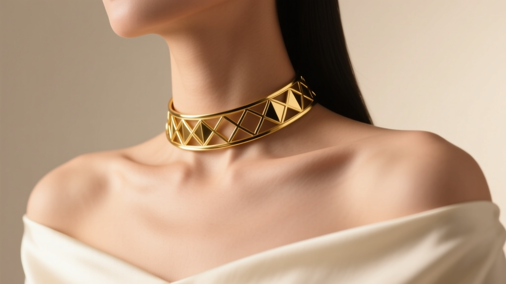 Macro photo of collarbone wearing a 14-inch gold choker and off-shoulder top, bright studio light, elegant jewelry editorial look.