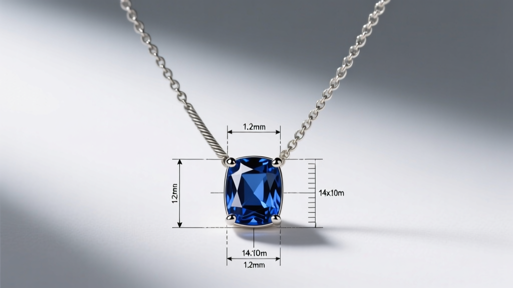 Macro shot of a technical necklace drawing showing measurements for a 1.2mm cable chain and a 14x10mm bezel-set sapphire pendant.