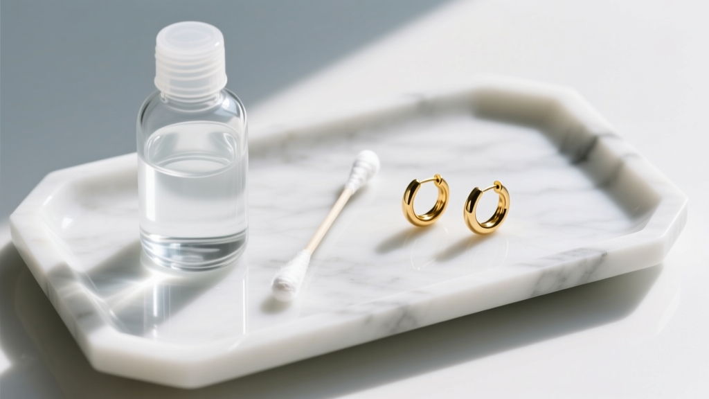 Flat lay of sterile saline wound wash, a cotton swab, and delicate 18-gauge gold huggie earrings resting on a white marble tray.
