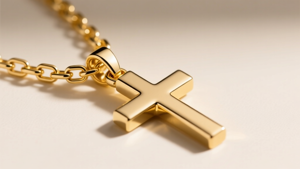 Macro shot of a 14k yellow gold box chain and hidden bail of a horizontal cross pendant, highlighting a highly polished finish.