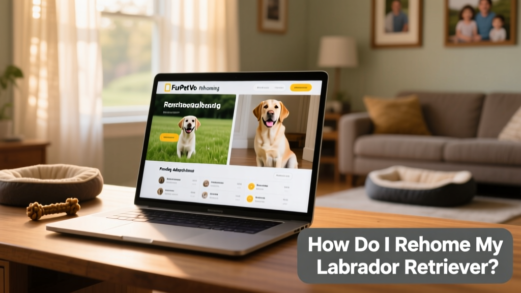 A laptop screen showing the FurPetVo rehoming dashboard with a Labrador Retriever’s profile, photos, and pending applications