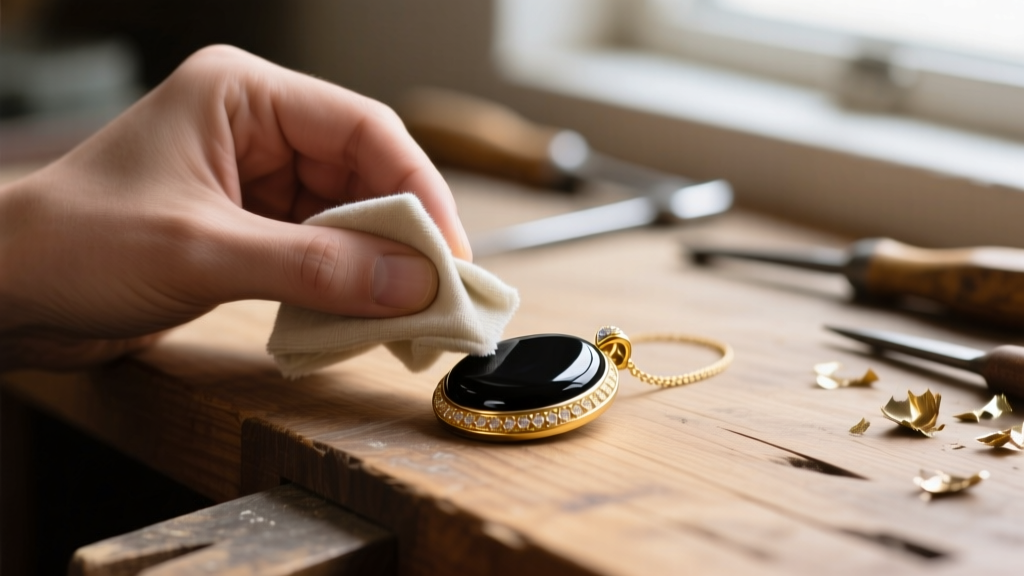 Jeweler gently wiping a black onyx and gold pendant with a damp microfiber cloth, avoiding harsh chemicals on a wooden workbench