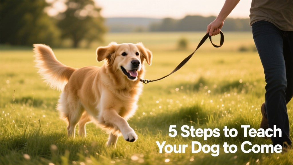 Dog happily trotting toward owner across a grassy field, leash held loosely in hand, sunny day