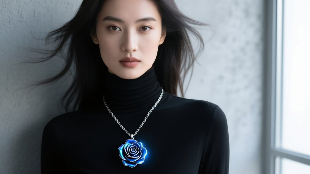 Model wearing a layered stack featuring an arcane blue rose pendant on an 18-inch oxidized silver chain over a dark turtleneck.