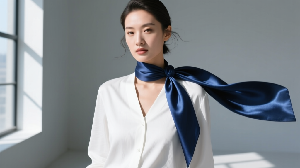 A model wearing a crisp white V-neck button-down shirt with a navy blue silk scarf necklace tied in an asymmetrical drape knot.