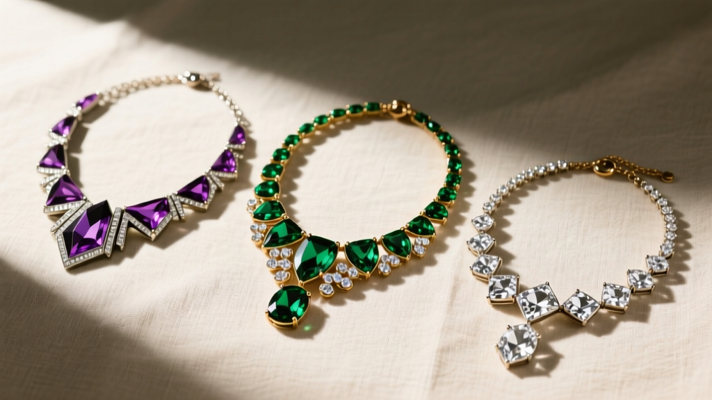 Flat lay of three vintage rhinestone necklaces from the 1930s, 1950s, and 1980s highlighting glass cuts and metalwork evolution
