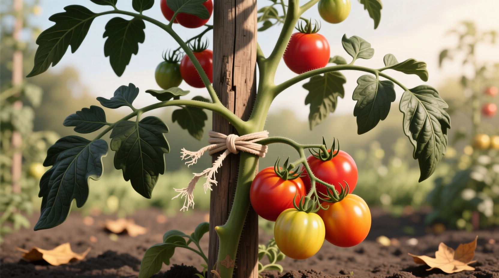 Tomato plant secured to wooden stake with soft tie