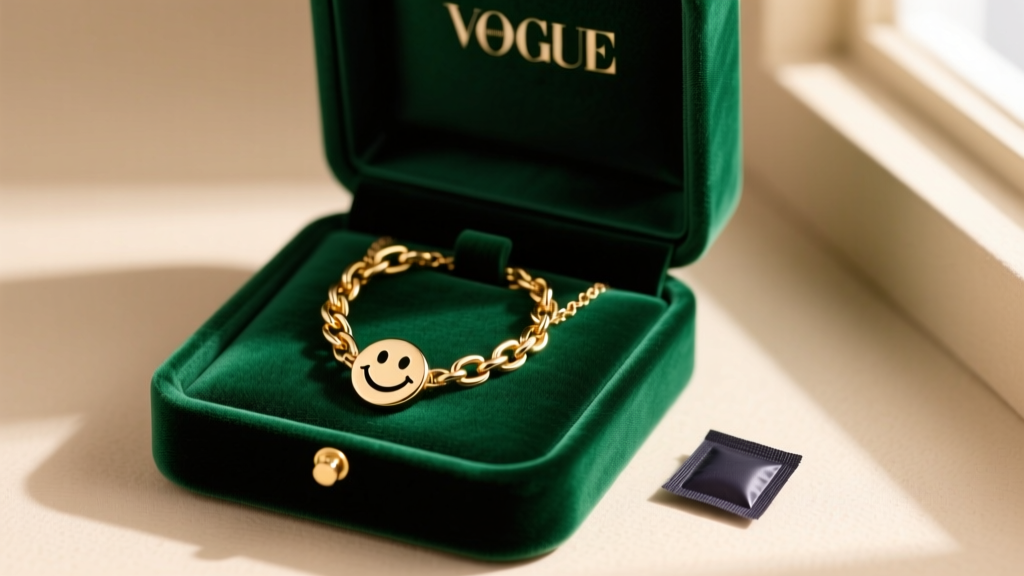 Velvet jewelry box holding a smiley necklace coiled in a figure-eight, resting beside a small dark anti-tarnish silica strip.