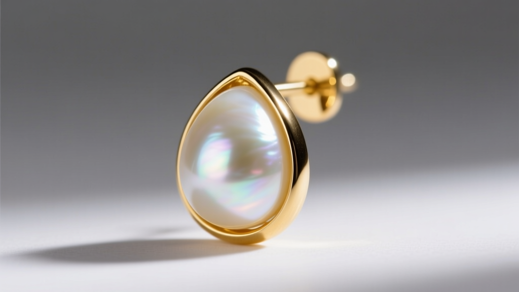 Macro shot of a tear drop pearl earring with a high-luster white South Sea pearl set in 18k yellow gold, studio lighting