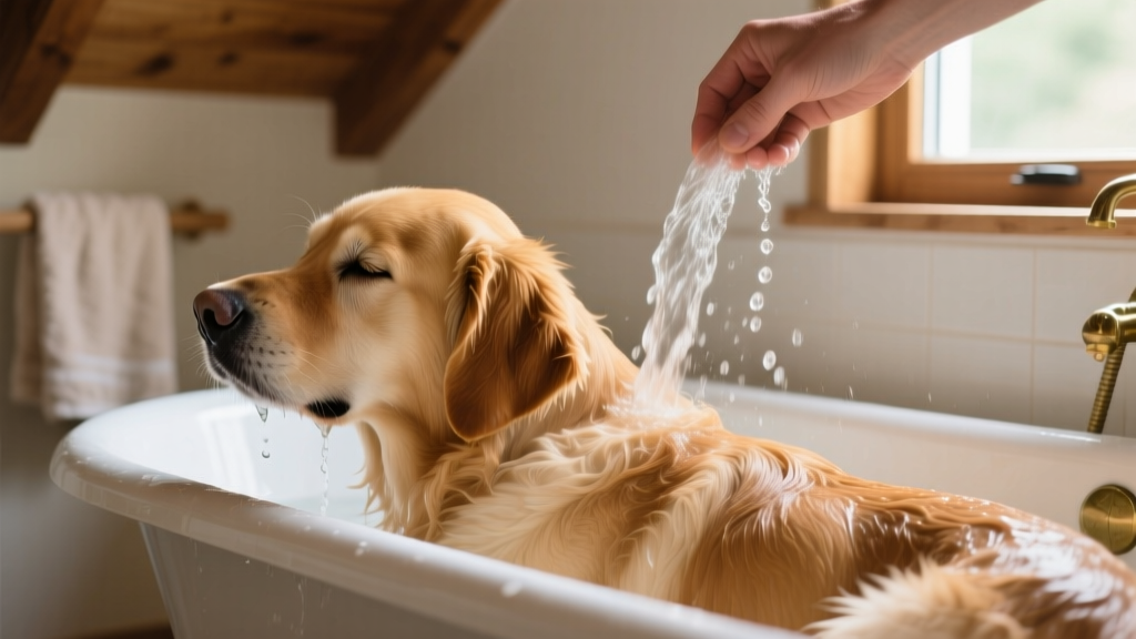Hand pouring gentle stream of water over a relaxed dog’s back in a tub