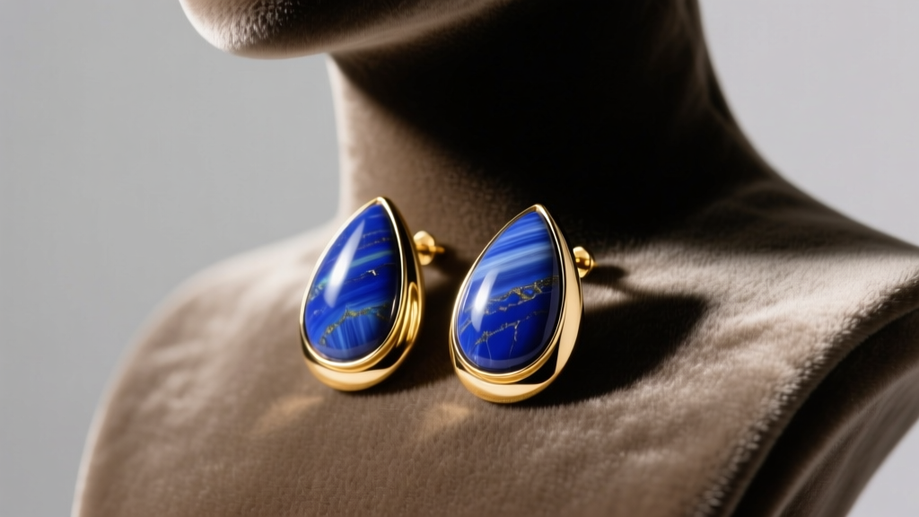 Teardrop lapis lazuli and gold earrings on a velvet bust, lit by warm directional studio lighting to show depth and stone polish.